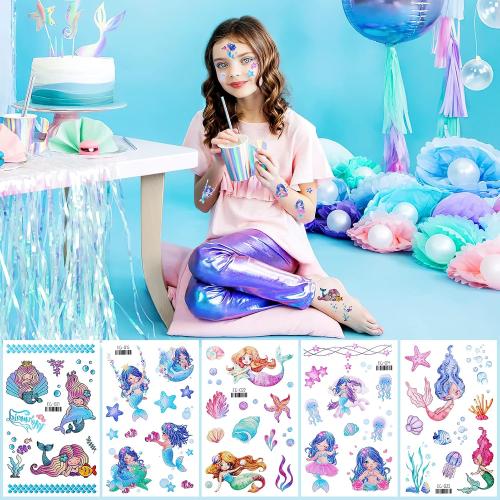 Konsait Glitter Temporary Tattoos for Kids,  Butterfly Mermaid Fairy Flowers Tattoo Stickers, Waterproof Fake Tattoos for Birthday Favors, Goodie Bags Stuffers & Party Accesorries