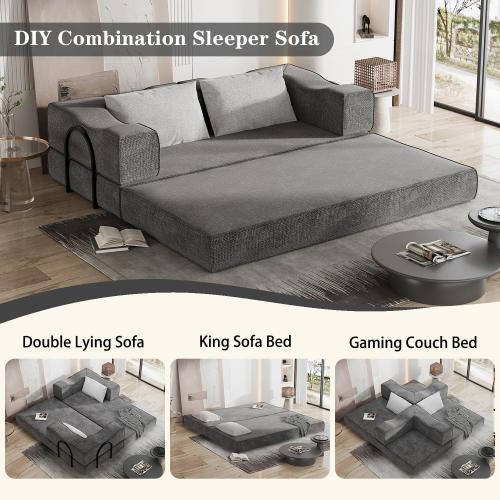 80 King Size Convertible Sofa Bed Sleeper, Foldable Futon Couch with Memory Foam & 2 Pillows, Chenille Fabric Modular Loveseat for Small Spaces, Apartment, Living Room, Studio (Gray, 80in)