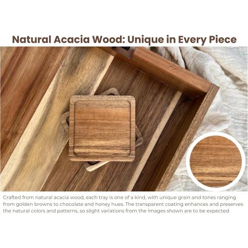 Acacia Wooden Ottoman Tray for Living Room & 6 Coasters Set – 21 Large Coffee Table Serving Tray with Handles, Perfect for Food, Drinks, Kitchen, and Home Decor