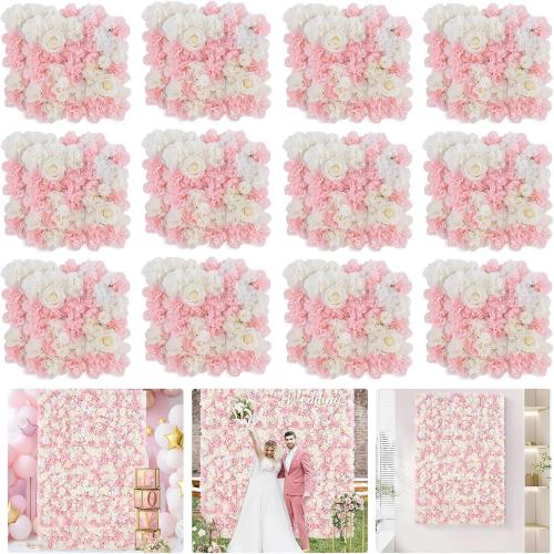 Pink Backdrop Flower Wall Panels: 3D Artificial Silk Floral Wall Panels for Wedding Birthday Decorations 24 Packs 15x15 Inches