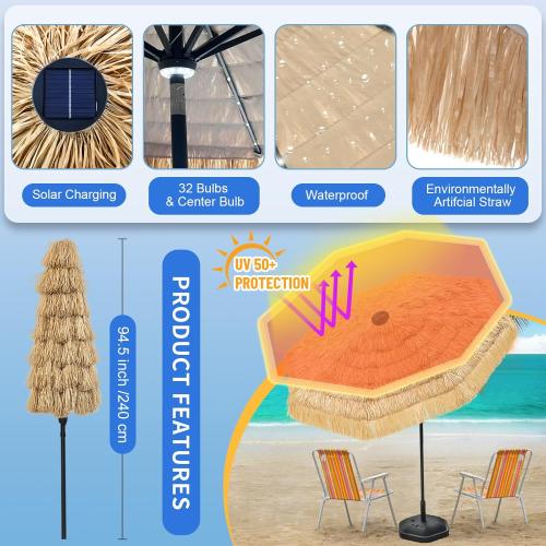 9 FT Solar Thatch Tiki Umbrella, Hawaiian Style Straw Umbrellas with Zinc Alloy Push Button Tilt, UPF 50  Patio Umbrella,Outdoor Umbrella with 32 LED Lights for Beach, Pool,Garden