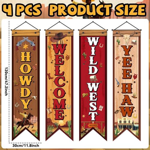 4 Pcs Western Cowboy Party Decorations Wild West Banner Howdy Yes Haw Welcome Hanging Decor Rustic Western Porch Sign Cowboy Rodeo Door Decorations for Bar Birthday Photo Props Vintage Party Supplies