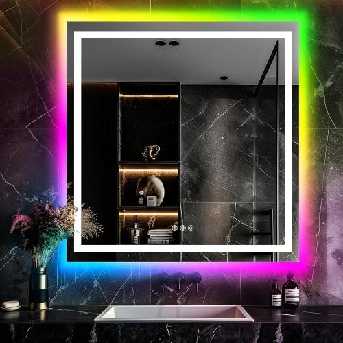 36x36 Inch RGB LED Bathroom Mirror Front Light LED Bathroom Mirror with 3 Colors, Vanity Mirror with Lights, Anti-Fog Wall Mounted, Dimmable Touch Switch Control, Memory Front and Backlit Smart Mirror