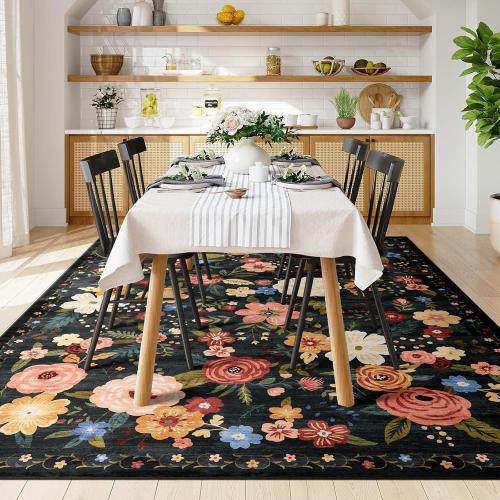 8x10 Washable Area Rug for Living Room, Floral Non-Slip Non-Shedding & Easy Care Black Green Large Soft Low Pile Indoor Floor Carpet for Living Room Bedroom Farmhouse Dining Room Kids Playroom