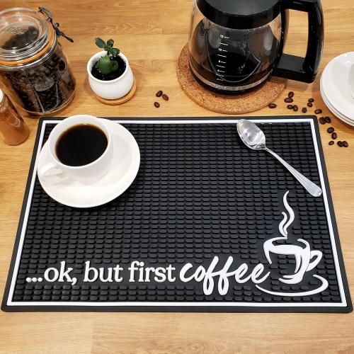 New Mungo Coffee Bar Mat – “Ok But First Coffee” – Spill-Proof PVC Coffee Station Mat, Non-Slip Countertop Protector 18x12