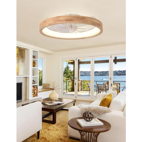 Low Profile Flush Mount Wood Fandelier Ceiling Fan with Light | Remote/APP, timer, memory, reversible, dimmable, 6 speeds; for bedroom, living room.