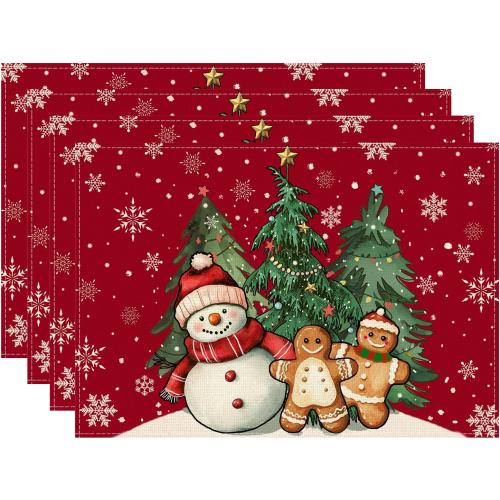 XCHI Winter Red Snowman Gingerbread Man Christmas Tree Xmas Placemats Set of 4 Table Mats for Party Home Kitchen Dining Table Decorations 12x18 Inch