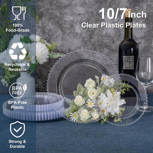 U-QE 10 PCS Clear Plastic Plates - Fancy Beaded Plates Disposable Heavy Duty - Premium Hard Plastic Plate for Party, Wedding & Birthday Including 30 Dinner10 & 30 Dessert Plate 7