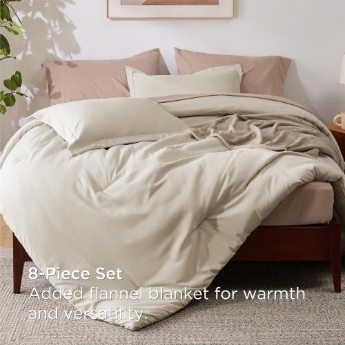 Bedsure Queen Comforter Set Beige, 8 Pieces Prewashed Queen Size Bed in a Bag with Soft Fleece Bed Blanket, Down Alternative Bedding Set for All Seasons, Sheets, Pillowcases & Shams