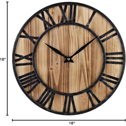 16-Inch Rustic Vintage Metal & Wood Silent Non-Ticking Decorative Wall Clock with Large Roman Numerals