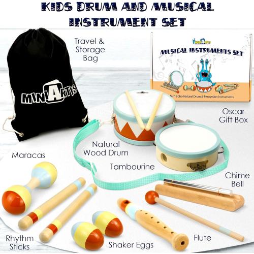MINIARTIS Toddler Musical Instruments - Montessori Wooden Musical Toys for Toddlers 1-3 | Modern Boho Baby Drum Set with Neutral Colors Percussion Instruments | Kids Preschool Educational