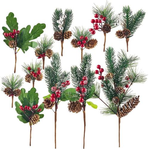 Yixiang 12Pack Artificial Christmas Picks Assorted Red Berry Picks Stems Faux Pine Picks Spray with Pinecones Apples Holly Leaves for Christmas Floral Arrangement Wreath Winter Holiday Décor