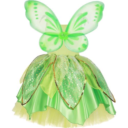 Size 4-5Y Color Green Princess Tinker Bell Halloween Costume for Girls, Birthday Party Fairy Dress Up, Special Occasion Dress with Wings