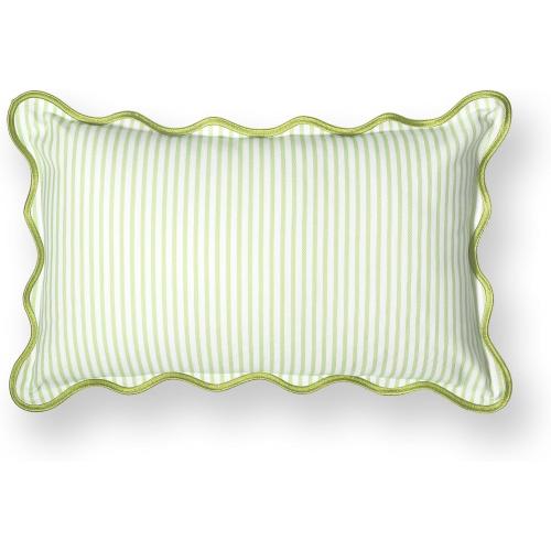 Hofdeco Premium Coastal Patio Indoor Outdoor Scalloped Lumbar Pillow Cover Only, 12x20 Water Repellent for Backyard, Couch, Green Print Stripes