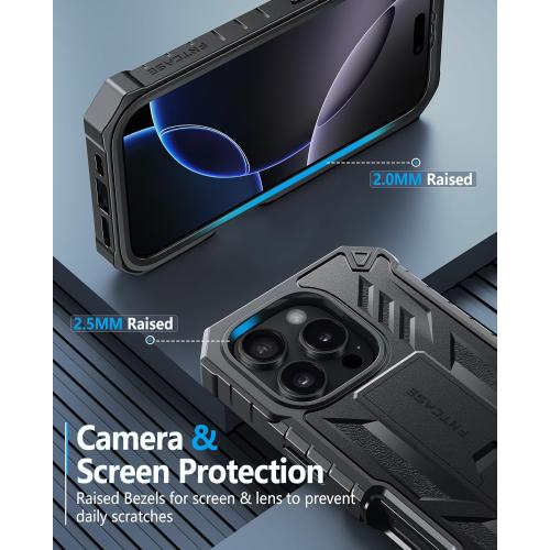 FNTCASE for iPhone 16 Pro Case: Military Grade Drop Proof Protection Mobile Cover with Kickstand | Matte Textured Rugged Shockproof TPU | Protective Sturdy Phone Case - 6.3 inch Black