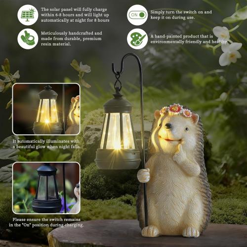 Garden Hedgehog Gnome Statue Decorations - Solar Resin Hedgehog with Solar Garden Lights Outdoor Decorations for Patio,Yard,Lawn,