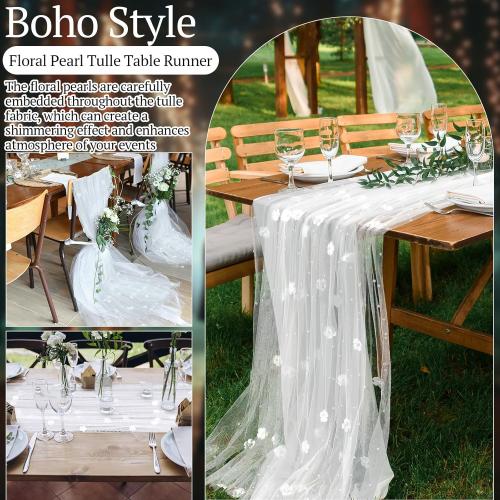 Lounsweer 3 Pcs Tulle Table Runner 10ft Embroidery Table Runner Tulle Fabric Wedding Lace Tablecloth for Bridal Shower Veil Baby Shower Sweetheart Birthday Home Decorations (White,Pearl)