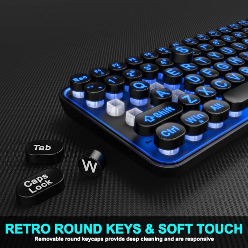 QUASIO Large Print Backlit Keyboard, Wired USB Lighted Computer Keyboards with 7-Color Backlit, Oversized Print Letters, Quiet Typewriter Keyboard with Retro Round Keycaps for Windows PC, Laptop