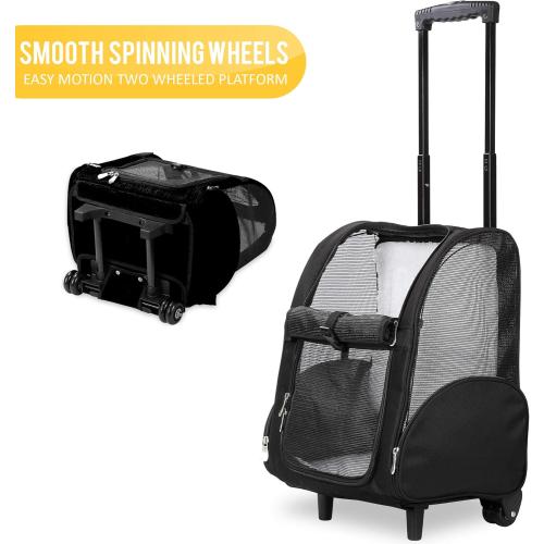 Color Black KOPEKS Deluxe Backpack Pet Travel Carrier with Double Wheels for Pets up to 10 Pounds - Black - Approved by Most Airlines