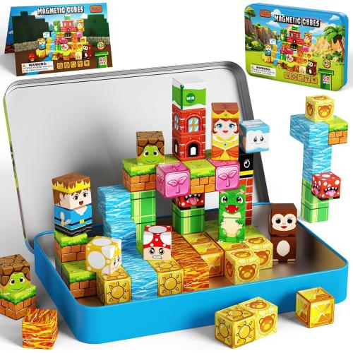 60PCS Mini Magnetic Building Cubes Set, Adventure-themed Magnetic Blocks, Portable Magnetic Travel Blocks with Iron Case, Educational Toy for Kids STEM & Construction Learning for Kids Aged 3