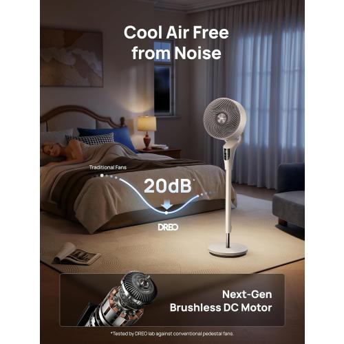 DREO Fan for Bedroom, 2026 Upgraded, 90ft Airflow, 20dB Quiet Fan, 90° Oscillating Standing Fan for Whole Room, DC Motor, 8 H Speeds, 3 Modes, 38-42'' Adjustable Height, 8H Timer, 105° Manual Vertical