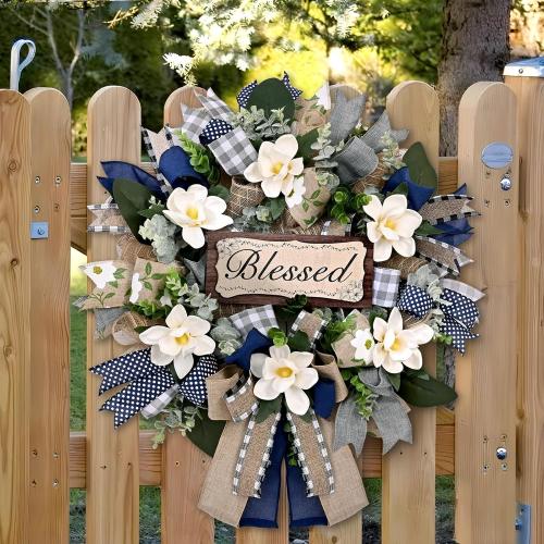 Waipfaru 22 Inch Spring Summer Wreath, Magnolia Wreaths for Front Door with Eucalyptus & Blue Grey Burlap Bow, Year Round Wreaths for Porch Farmhouse Patio Door Decor All Season (1 Pcs)