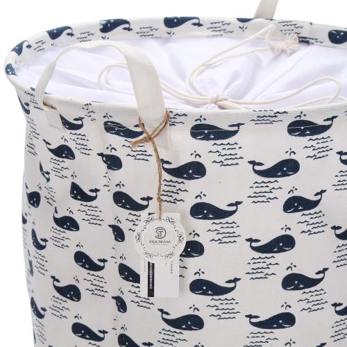 Color White with Blue whales Sea Team 19.7 x 15.7 Large Sized Folding Cylindric Waterproof Coating Canvas Fabric Laundry Hamper Storage Basket with Drawstring Cover, Whale