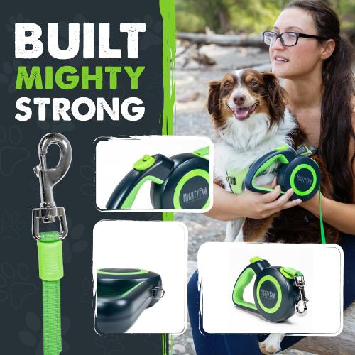 Mighty Paw Retractable Dog Leash 2.0 | 16' Heavy Duty Reflective Nylon Tape Lead for Pets up to 0-50 lbs. Tangle Free Design W/One Touch Quick-Lock Braking System & Anti-Slip Handle (Green/Lite)