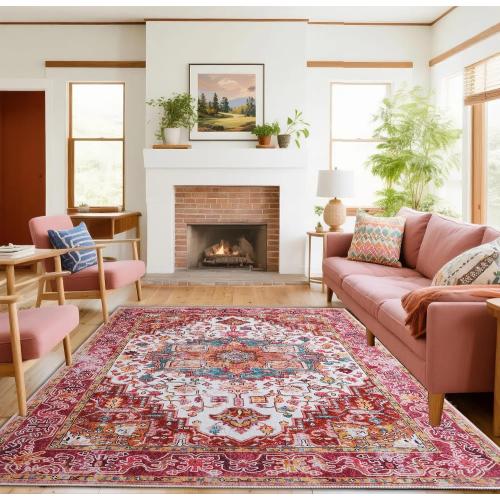 Large Area Rug for Living Room, Machine Washable Vintage Rugs -Low Pile Carptet, Soft Distressed Floral Rugs for Kitchen, Dining Room, Bedroom, Plum