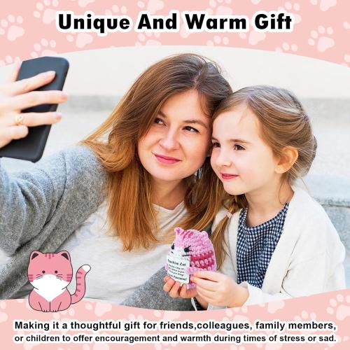 Positive Crochet Cat Mini Animal Emotional Cheer Up Support Gifts, Inspirational Crochet Handmade Kitten for Women Men Friends Mom Daughter Son Teen Birthday Mothers Day Decor Graduation Gift (Pink)