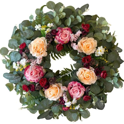 WANNA-CUL 24 Inch Large Spring Rose Wreaths for Front Door,Spring Front Door Wreath with Pink and Wine Red Floral Door Wreath with Eucalyptus Leaves for Wedding or Indoor&Outdoor Decorations