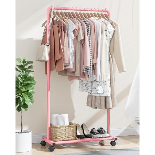 Clothes Rack - Clothing Rack with Storage Mesh Shelf & Casters, Heavy-Duty Metal Clothing Rack for Hanging Clothes, Dresses, Coats, Large Load Capacity, Easy Assembly, Pink, 28.0x16.9x59.0