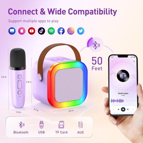 Mini Karaoke Machine: Mini Karaoke Machine with 2 Wireless Karaoke Microphones and Light for Family Home Party - Portable Singing Karaoke Speaker - Stage-subwoofers (Purple)