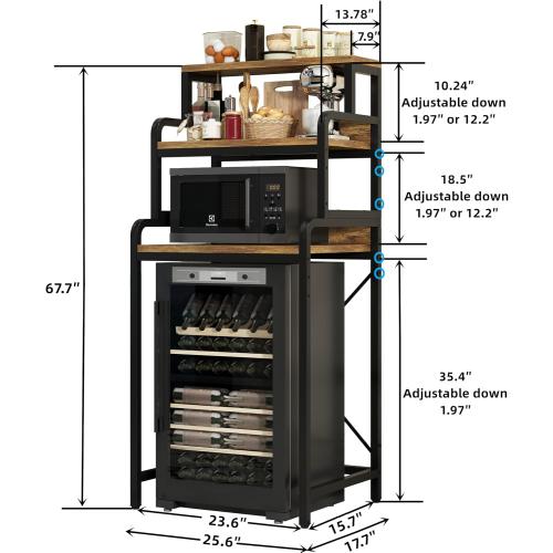 Size 4- Tier Mini Fridge Stand Shelf with Power Outlet, Double-Purpose Rack, Mini Fridge & Microwave Oven Stand Table, Bar Cabinet, Free Standing Shelf for Office, Kitchen, Home.