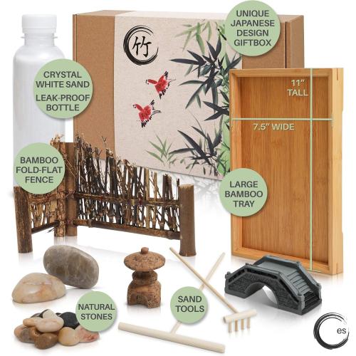 ENSO - Japanese Zen Garden Kit for Desk - 11x7.5 Inches Large - Bamboo Tray, White Sand, River Rocks, Pebbles, Rake Tools Set - Office Table Accessories, Mini Zen Sand Garden Kit - Meditation Gifts