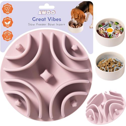 Awoo Great Vibes - Silicone Slow Feeder for Dog Bowls Over 5.5 Inches - Non-Slip, Wet and Dry Food-Compatible Pet Dish with Suction Cups - Extends Mealtime for Fast Eaters - Dishwasher Safe (Mauve)
