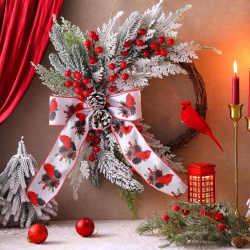 Hoteam 16 Inch Christmas Wreaths for Front Door Cardinal Christmas Ornaments Xmas Winter White Red Bird Berry Clusters Pine Cones Decor for Xmas Holiday Indoor Outdoor Home Window Gift