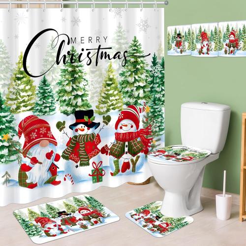 Tiamon 7 Pcs Winter Snowman Shower Curtain Set Merry Christmas Bathroom Sets with 71x72in Snowman Shower Curtain Gnome Non-slip Bath Rug Toilet Mat Toilet Lid Cover 3 Towels for Holiday Bathroom Decor