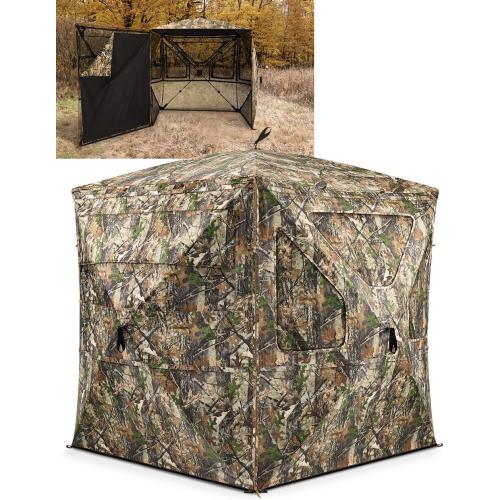 TIDEWE Hunting Blind 360°See Through with Large Open Door, Pop Up Ground Blind with Removable Curtain & Carrying Bag, Portable Resilient Tent(Forest Fade Camo)