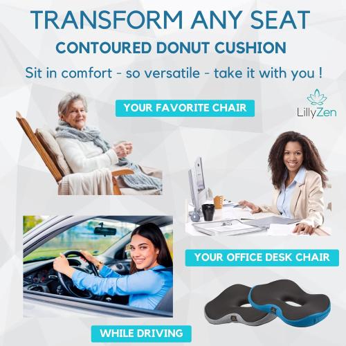 Color Black and Blue Lilly Zen Donut Pillow for Tailbone Pain Relief Memory Foam Cushion Orthopedic Seat Pressure Relief Sitting Coccyx Sciatica Hemorrhoid Pregnancy Postpartum Office Chair Butt Pillows (Black Blue)