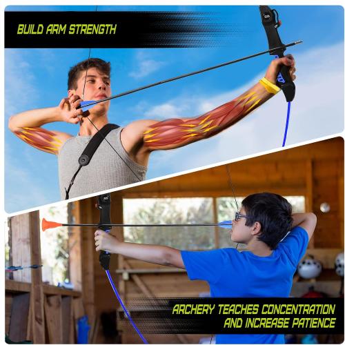 CrazyMouse Bow and Arrow for Teens Beginners Adults Recurve Bow Set 8 Arrows 5 Target Face Archery Longbow Kit Backyard Games Gift for Outdoor Sports (Blue Archery Bow Set)