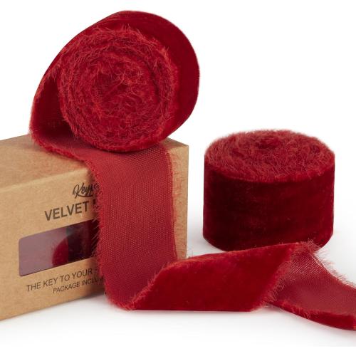 Red Velvet Ribbon for Christmas Tree - 1 1/2 inch Wide Handmade Fringe Fabric Ribbons for Gift Wrapping, Baby Shower, Flower Bouquet