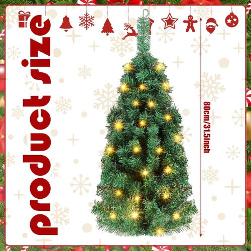 Poen 35 Inches Wall Mounted Christmas Tree - Artificial Xmas Tree with 50 LED Lights and Battery Case - Lighted Wall Decor for Home, Office, Apartment, Party Decorations
