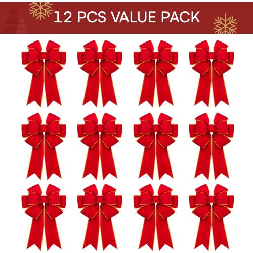 JOYIN 12 PCS Christmas Red Velvet Bows 14 x 12, Large Xmas Golden Edged Red Velvet Bow Tree Decor for Christmas Home Wreath Decoration
