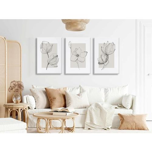 3Pcs Neutral Botanical Canvas Wall Art Beige Simple floral Painting Pictures Wall Decor Vintage Line flower Poster Print Artwork for Living Room Bedroom Bathroom Scene Home Decoration