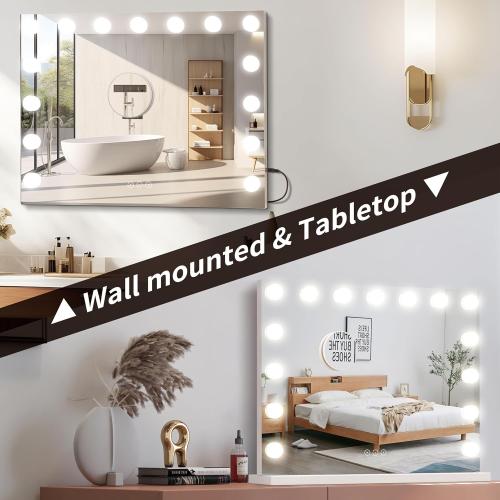 Size 24x18 Color White Vanity Mirror with Lights Lighted Makeup Mirror with 15 Dimmable LED Bulbs,3 Color Lighting Modes,USB Charging Port Touch Control,Sturdy Metal Frame Design 24x18 Inch,White