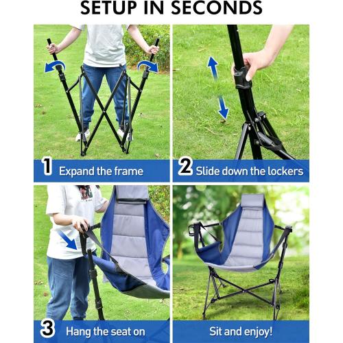 Hammock Camping Chair - 3 Heights Portable Hammock Chair Camping with Adjustable Backrest, Headrest, Padded Seat, Cup Holder - 450 LBS Heavy Duty