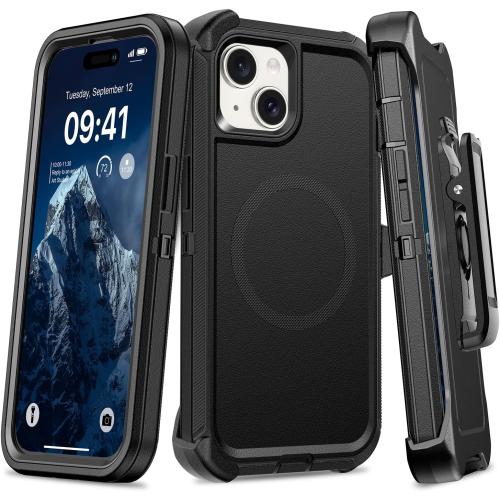 TUTUKII Magnetic for iPhone iPhone 15, 14 & 13 Case with Belt Clip Holster,Black