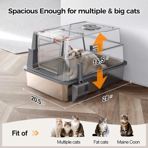 XXXL Stainless Steel Litter Box with Lid,28 L x 20.5 W x 16.5 H Extra Large Cat Litter Box Enclosure for Large and Multi-Cats Families,Non-Sticky, Anti-Leakage, Easy to Clean(Gray)
