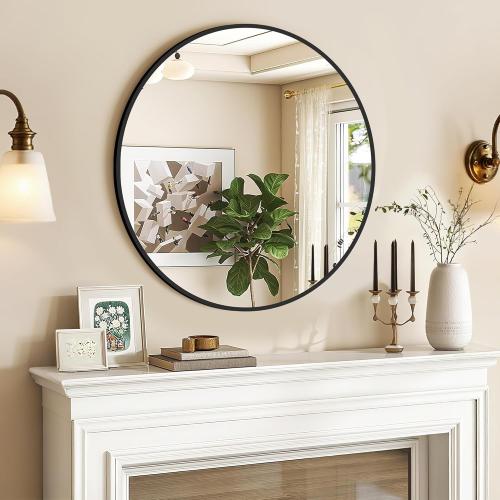 Circle Mirror, Black Round Mirror 20 Inch Round Bathroom Mirror Small Round Mirrors for Wall Decor Frosted Metal Frame Anti-Rust Tempered Glass Mirror for Bedroom Living Room Decorative